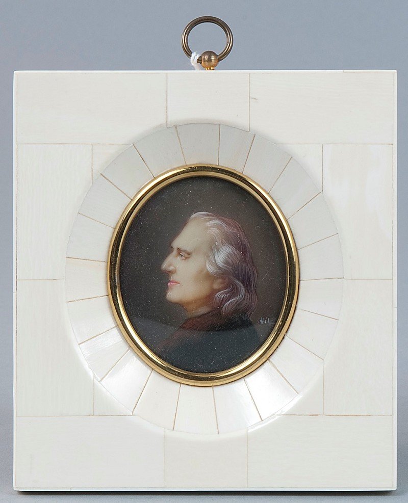 Portrait "Liszt", miniature painting in tempera co: Portrait "Liszt", miniature painting in tempera colors on ivory, mammoth ivory handcrafted frame. Handmade according to CITES regulations. H = 13.0 W = 11.5 cm Portrait "Liszt", Miniatur Lupenmalerei