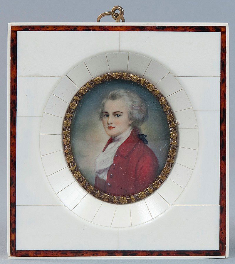Portrait of "Mozart", miniature painting in temper: Portrait of "Mozart", miniature painting in tempera on ivory, mammoth ivory handcrafted frame. Handmade according to CITES regulations. H = 12.0 W = 11.0 cm Portrait "Mozart", Miniatur Lupenmalerei in