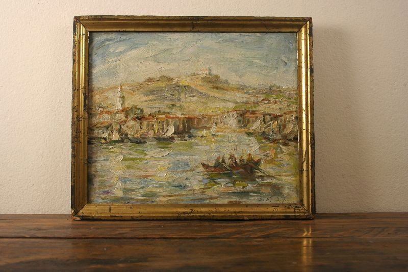 "Ruderboot vor malerischer Hafenbucht" Öl auf Malp: "Ruderboot vor malerischer Hafenbucht" Öl auf Malplatte, gerahmt, unten rechts monogrammiert und datiert S.N. 37, Rahmen bestossen. Gemälde: H = 28,0 B = 31,0 cm Rahmen: H = 31,0 B = 36,0 cm