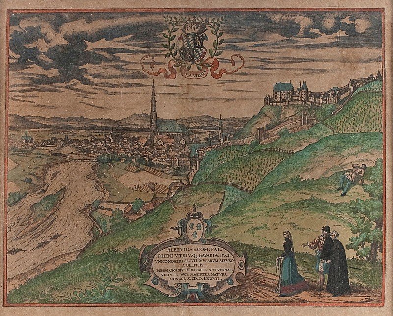 Franz & Georges HOGENBERGH & BRAUN (XVI), "Ansicht: Franz & Georges HOGENBERGH & BRAUN (XVI), "Ansicht der Stadt Landshut" 1578, oben in Schriftband betitelt "Landshut", Blick von einer Anhöhe von Westen über die Isar, mit Burg Trausnitz, Basilika St