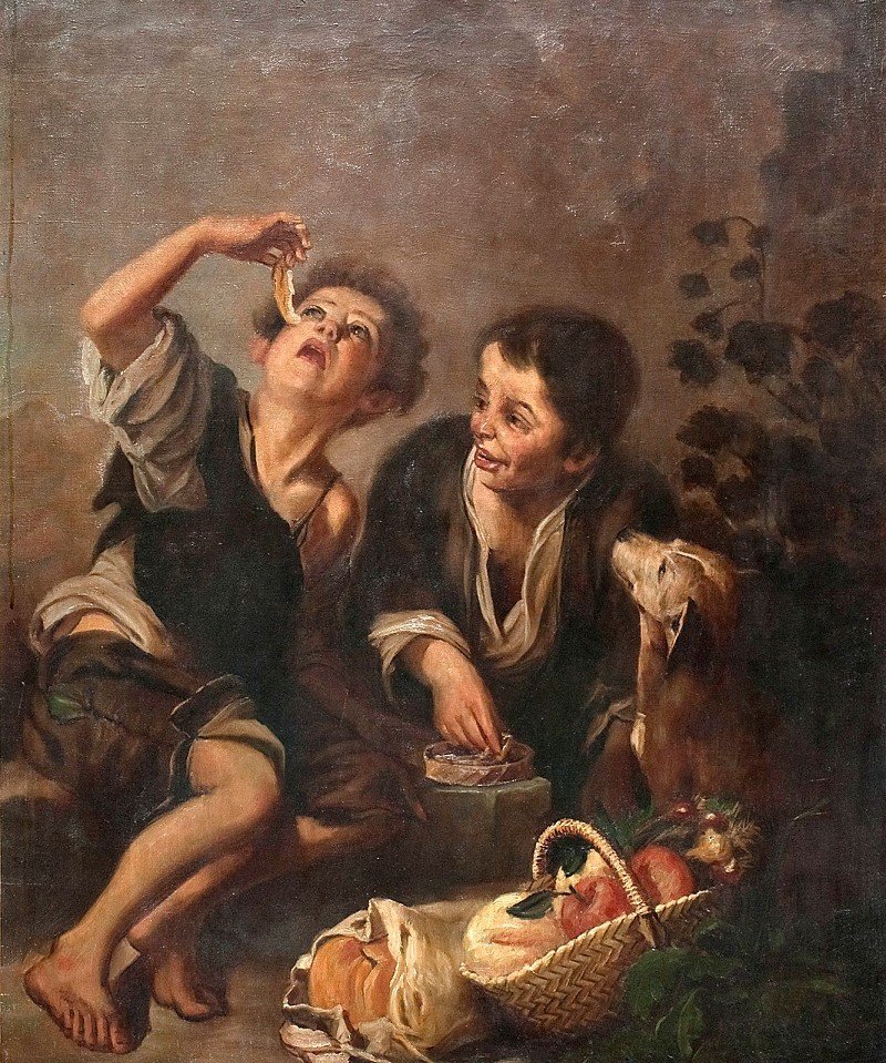 SCHRADER, Otto, "The pie eaters", oil on canvas, in orn: SCHRADER, Otto, "The pie eaters", oil on canvas, in ornate gilt frame, signed lower left. Otto Schrader., After the original by Bartolomé E. Murillo paintings in the Alte Pinakothek in Munich 120.0 x