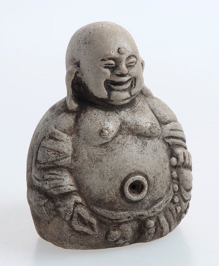 Incised opium pipe bowl, Buddha-shaped, China, propably: Incised opium pipe bowl, Buddha-shaped, China, propably Qing dynasty (1644-1912 AD), about 1900, ceramic verso with Chinese symbols, these indecipherable, expected age patina, very good condition. H =