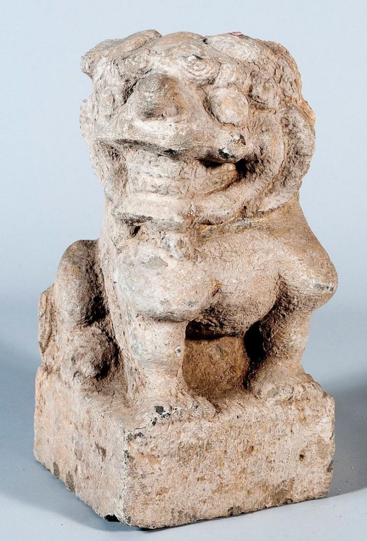 Guardian lion of limestone (?? Shishi), China, Qing dyn: Guardian lion of limestone (?? Shishi), China, Qing dynasty (1644-1912 AD), this object probably dates from the time of early to mid 19th Century .. Left, female lion, hand-carved out of stone, strong