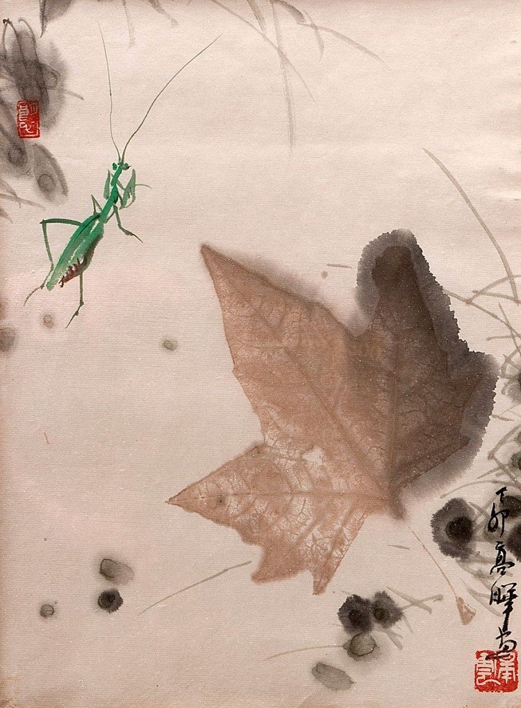 Mantis with maple leaf, Chinese watercolor and mixed me: Mantis with maple leaf, Chinese watercolor and mixed media on paper, signed and sealed lower right, China by the end of 20th century, matted and framed under glass. Painting: H = 33,0 W = 24,5 cm Scal