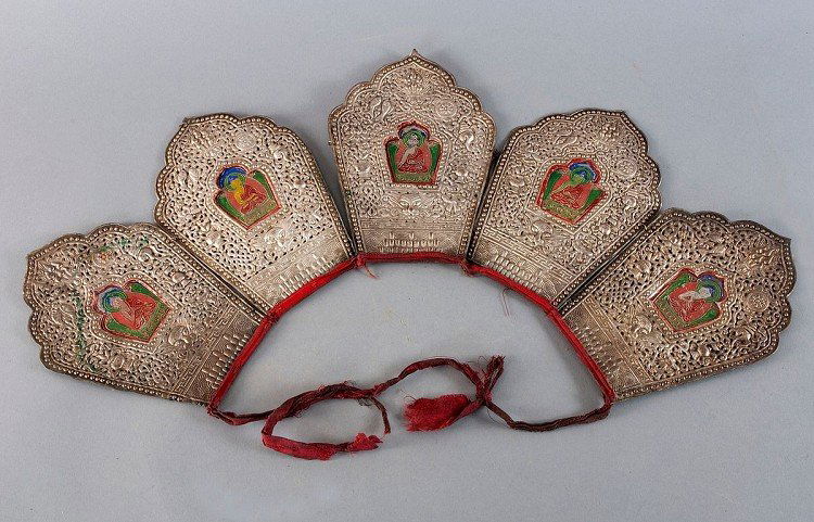 Llama crown, 5-membered structure, Tibet, 19 Century., : Llama crown, 5-membered structure, Tibet, 19 Century., Silver colored metal forming, delicate hand driven with symbols of good fortune, dragons and fish. In the center of each element of a polychrome