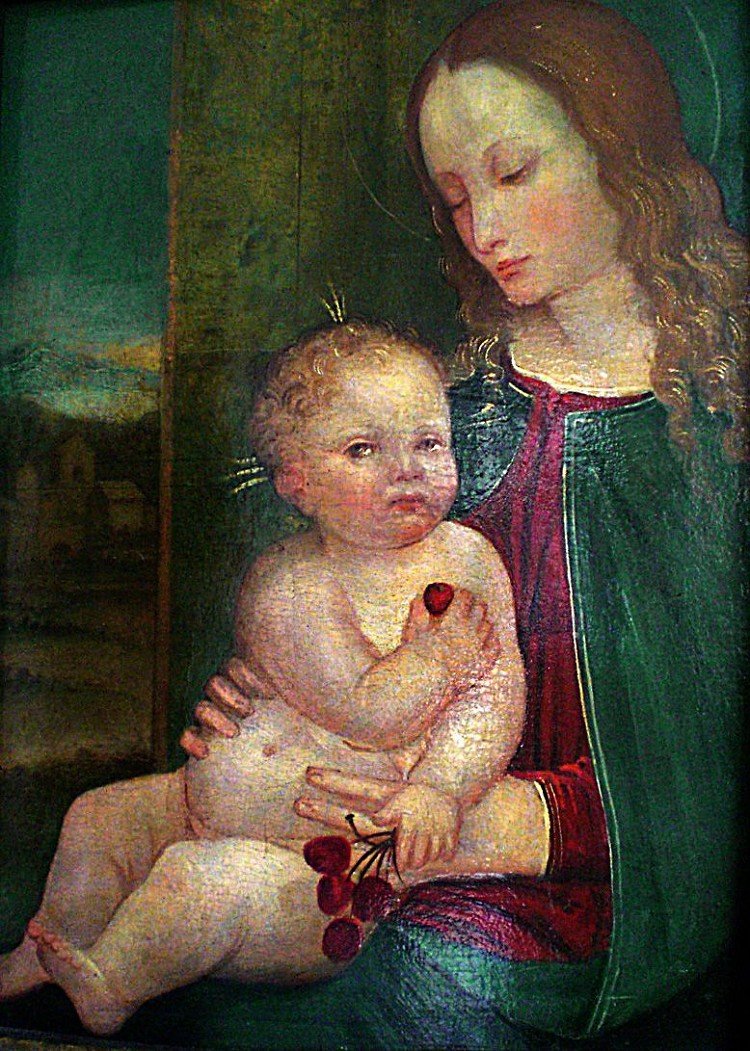 Madonna and Child, a fine old master paintings in the s: Madonna and Child, a fine old master paintings in the style of Lorenzo Costa the Elder, oil on wood, fine, uniform Craquellee, old adhesive label verso with attribution. H = 36,0 B = 25,5 cm, framed N