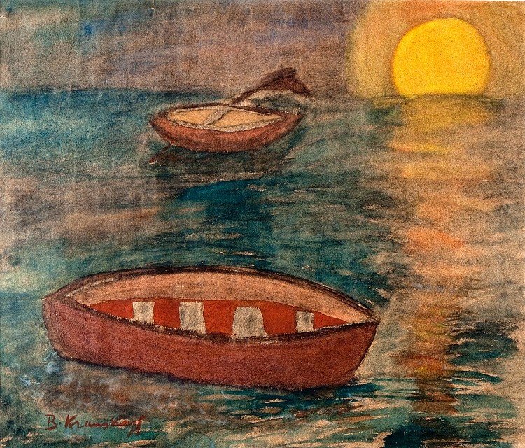 KRAUSKOPF, Bruno (Marienburg / West Prussia 1892 - Be: KRAUSKOPF, Bruno (Marienburg / West Prussia 1892 - Berlin 1960), "sunset", Mixed Media, li. Signed, matted, solid, dull golden softwood frame. Image Cut-out: H = 46.0 B = 53.5 cm, frame: H = 80,0 B = 