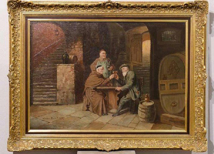 van Benting, J., "The wine cellar" oil / canvas board, : van Benting, J., "The wine cellar" oil / canvas board, li. and signed, J. van Benting, typical painting in the style of the time, German 1960/70 paintings. H = 58,0 B = 82,0 cm Scale: H = 80.0, W = 10