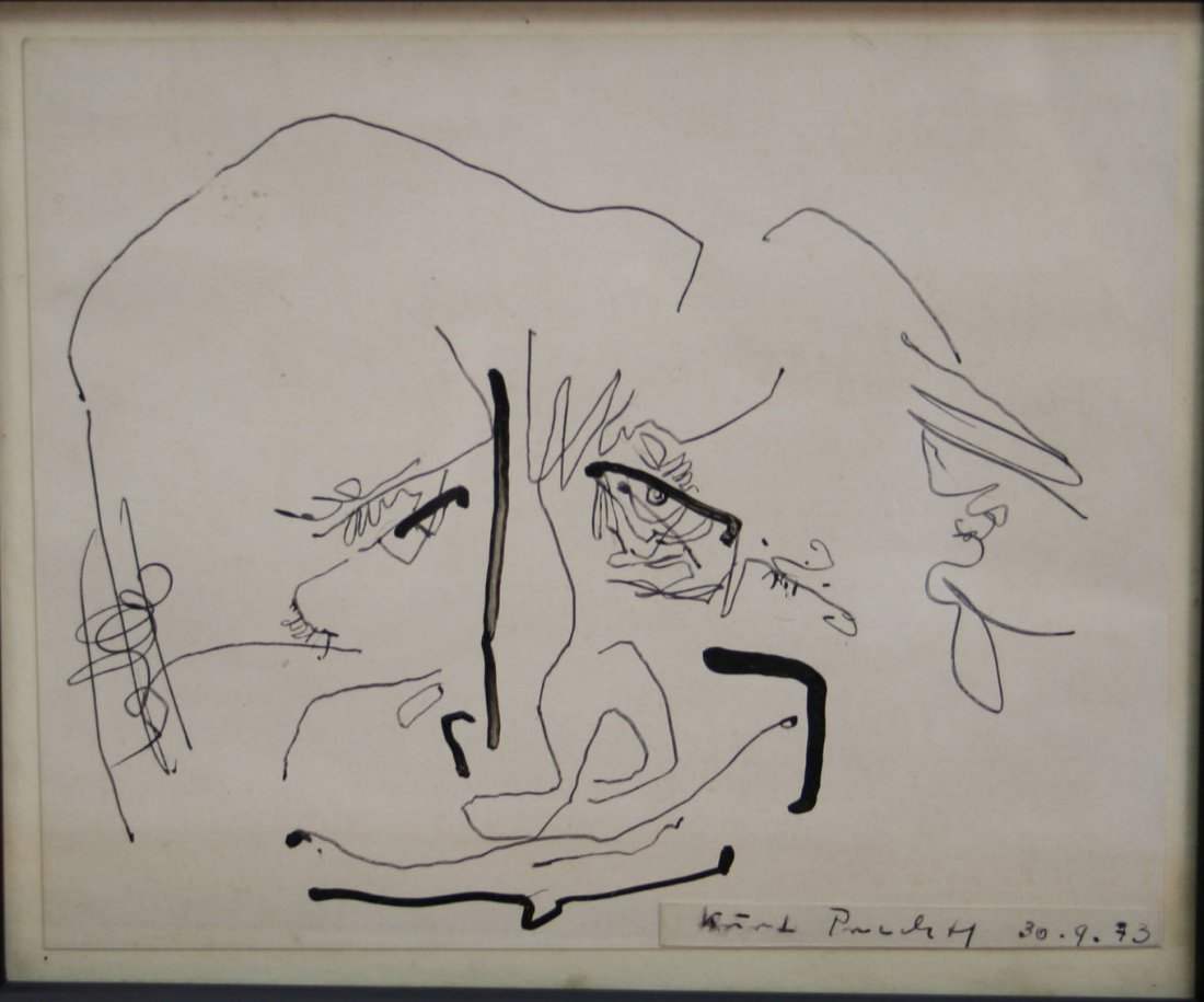 Prechtl, Kurt (1906 Hemer bis 1993 Düß: Prechtl, Kurt (1906 Hemer bis 1993 Düßeldorf), „Grimaße“, Tuschezeichnung auf Papier. Das Blatt ist rechts unten auf einem aufgelegten Papierstreifen signiert Kurt Prechtl und dat