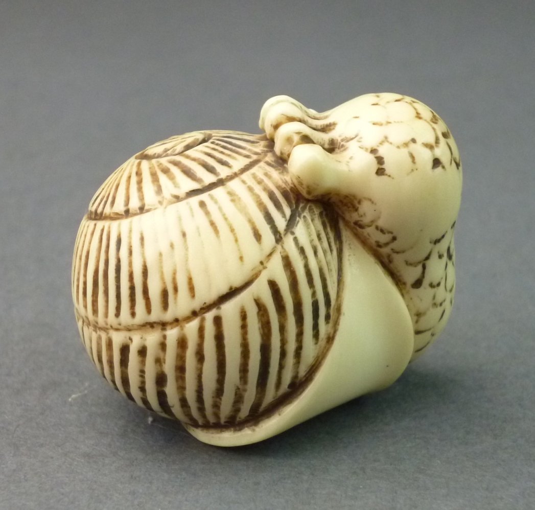 Netsuke in Form einer Schnecke, Mammutelfenbein,: Netsuke in Form einer Schnecke, Mammutelfenbein, bodenseitig signiert, Doppelbohrung gut erhalten, H= 3,4cm