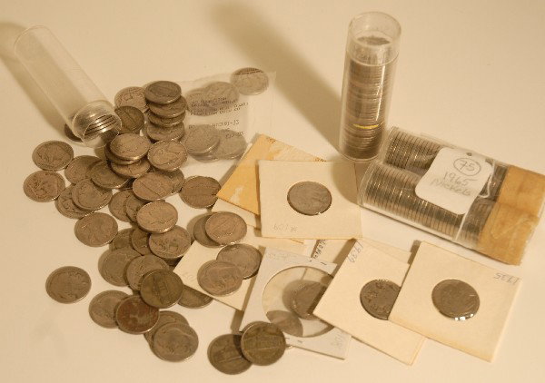 Grab bag of US Mint Nickels from 30s to 60s: Lot includes: 2 rolls 1965, 1 roll 1963 Buffalos; assorted dates from 30s, 40s, 50s and 60s. Over 175 coins.