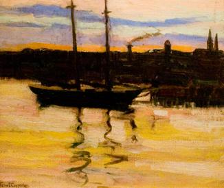 Fern Isabel Coppedge 1883-1951: Schooner, Gloucester Harbor Twilight, Oil on canvas, 14 x 16 inches, Circa 1920, Signed lower left, . (BA-COP-C0000)