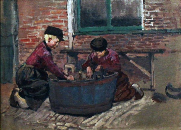 Anna R. Brewster, , American 1870-1952: Two Boys with Clogs, Oil on canvas, 8 3/4 x 11 1/4 inches, , Unsigned, Provenance: Estate of Anna Richards Brewster; Kennedy Galleries, N.Y.,N.Y.; Private Collection until 2004. (BA-BRE-C0006)