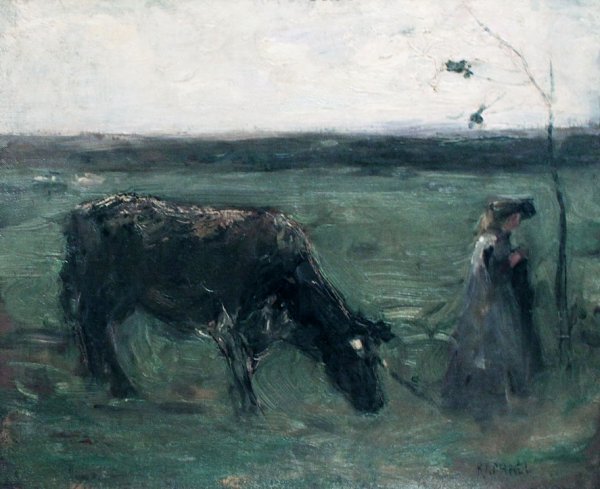Joseph Raphael , American 1869-1950: Le Gardienne de Vaches, Oil on board, 15 x 18 1/2 inches, , Signed lower right and verso, (BA-RAP-C0000)