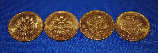 4 Russian Gold Coins: 4 Russian Gold Coins 1902, 1903, 1901, 1911 22 dwts.