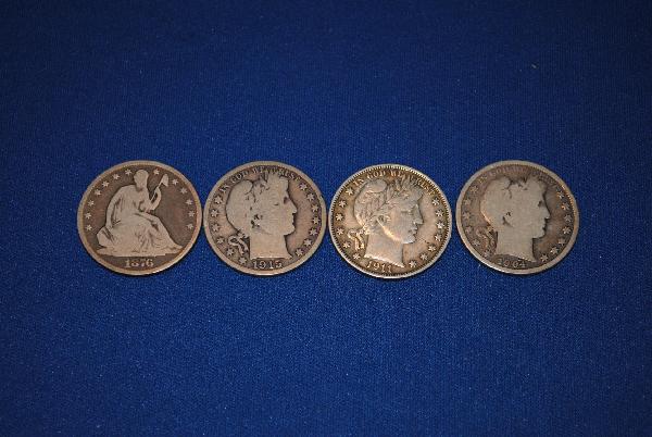 Half Dollars: 4 Silver Half Dollars 1876 Seated Liberty and 1904, 911 and 1915 Barber