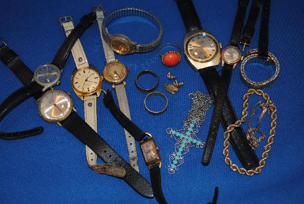 Assorted Watches, Costume Jewelry,: Assorted Watches, Costume Jewelry, and 2 14K Gold Bracelets (as is) including 18K gold ladies' Longines tank watch with black band 7.45 dwts.