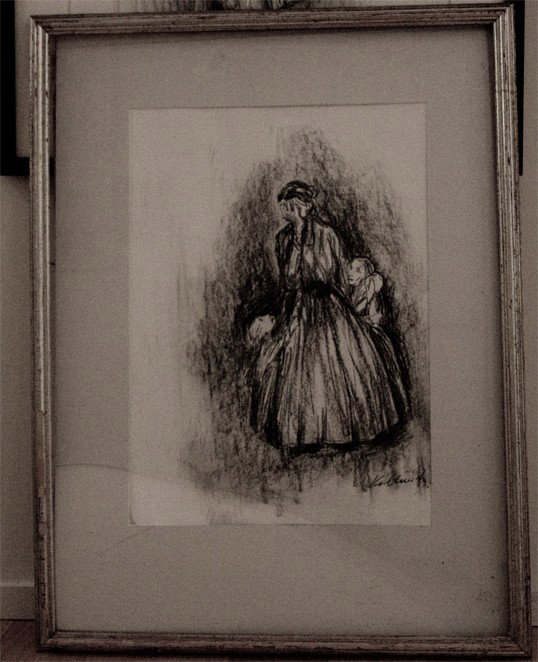 After Kathe Kollwitz (American 1867-1945): "Mother and children", 22 x 18 inches, charcoal on paper, signed lower right.