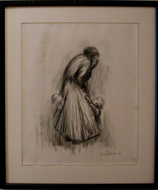 After Kathe Kollwitz (American 1867-1945): "Mother and children", 22 x 18 inches, charcoal on paper, signed lower right.