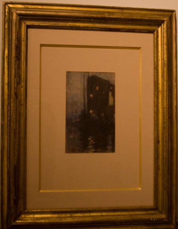 After Childe Hassam (American 1859-1935): "Ships", 7 x 4 inches, watercolor on paper, signed lower left.
