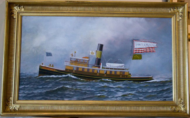 Antonio Jacobsen (American 1850-1921): "Tug boat McQuail" 1908, 15 3/4 x 27 3/4 inches, oil on panel, signed and dated lower right.