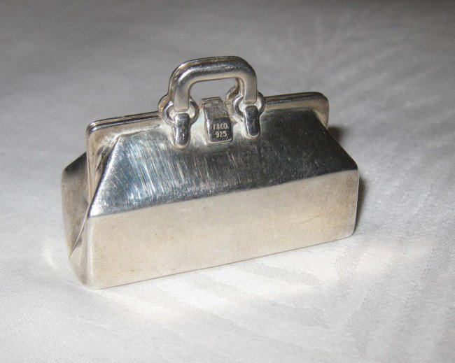 Tiffany and Co. Sterling Silver Pill Box: Tiffany and Co. Sterling Silver Pill Box doctor's bag form, 1.15 troy oz., 1 7/8 x 1 1/2 x 3/4 inches