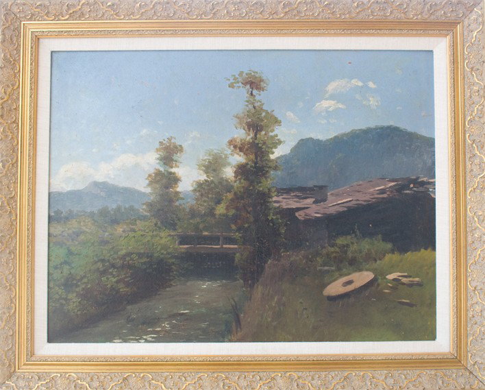 Ugo Gheduzzi (Italian 1853-1925): "Molino nell' Appenins", oil on board, 17 3/4 x 23 1/2 inches, signed on verso
