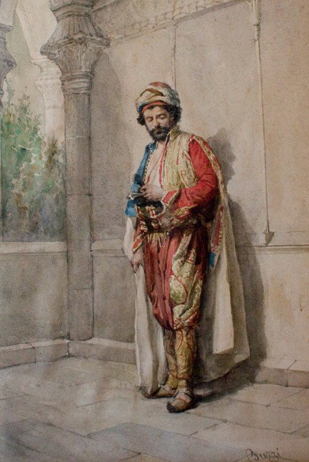 Arturo Buzzi (Italian 19th Century): "Arab", watercolor on paper, 14 1/2 x 10 1/4 inches, signed lower right.