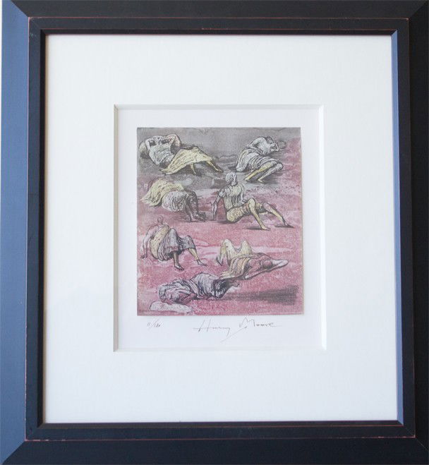 Henry Moore (British 1898-1986): "7 Reclining Figures", colored lithograph 7 1/4 x 6 1/4 inches, signed and numbered 11/180