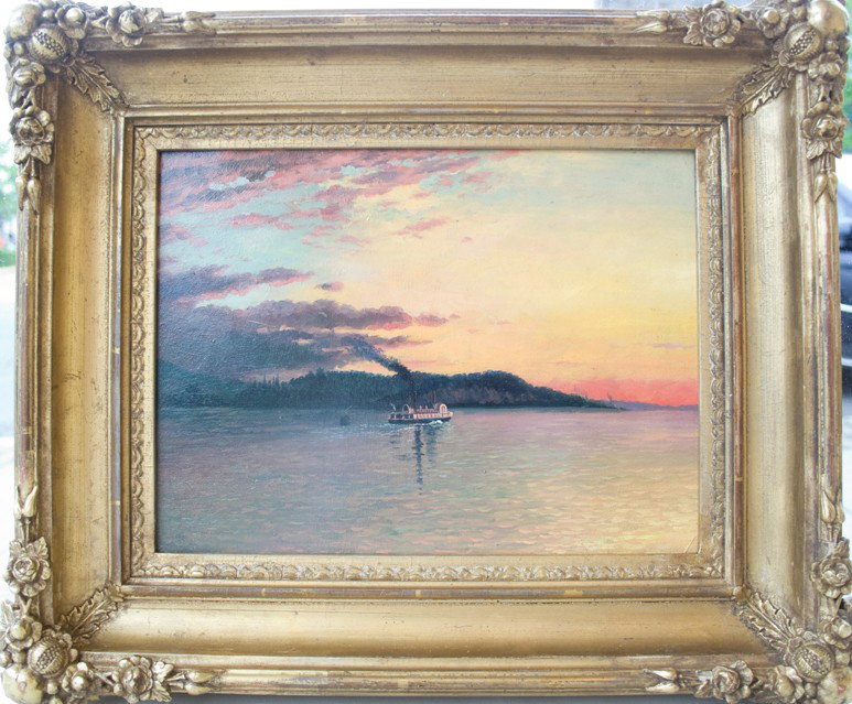 American School (Hudson River School): "Steamboat on the Hudson", oil on board, 9 x 12 inches, unsigned
