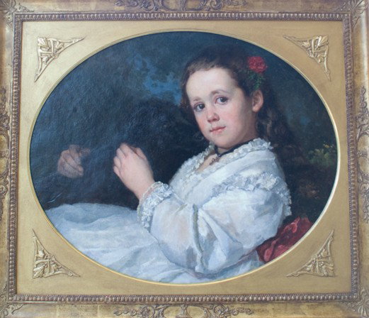Continental School (Mid 19th Century): "A young girl with her spaniel", oil on canvas, 20 x 24 1/2 inches