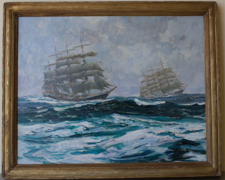 Andrew George Winter (American 1893- 1958): "Clipper Ships", oil on panel, 22 x 28 inches, signed lower right