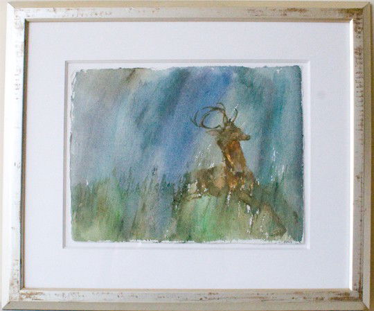 Leonard Baskin (American 1922-2000): "Season's Song, A Stag", circa 1980, watercolor on paper, 11 1/2 x 13 1/4 inches, signed lower right
