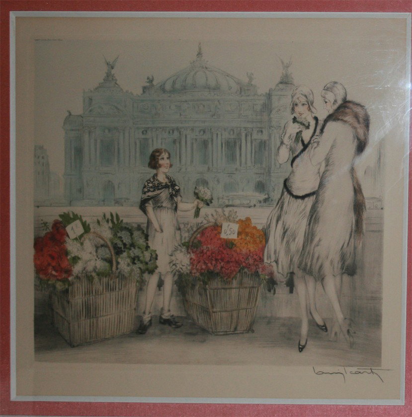 Louis Icart (1888 - 1950): "Paris Flowers", 1930, 17 1/2 x 19 1/2 inche (plate size), etching and aquatint, colored no. 15, signed lower right, copyright 1930 by Louise Icart, Paris upper left. A letter from Simone Meyohas, Par