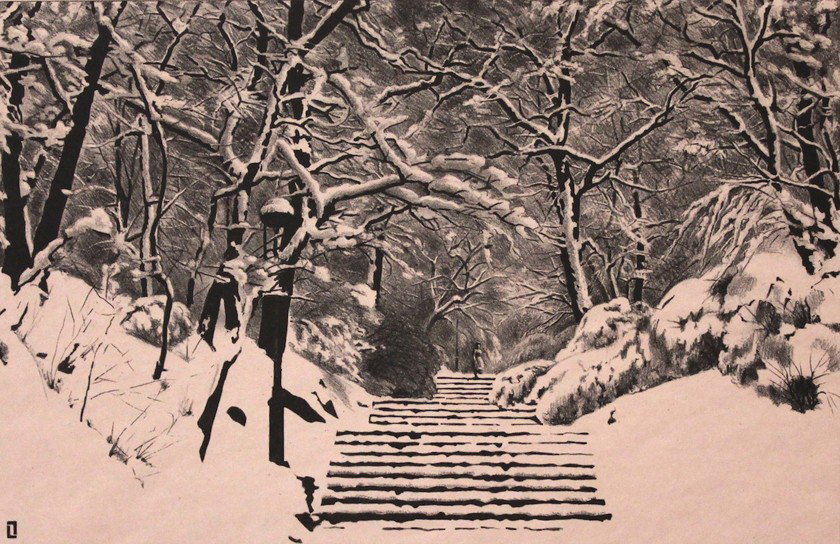 Louis Lozowick (1892 - 1973): "White Mansions",(A winter scene in Central ark, NYC), 1945, 12 x 15 3/4 inches sheet size, 8 1/4 x 12 1/2 inches plate size, lithograph, ed. 20, signed and dated lower right