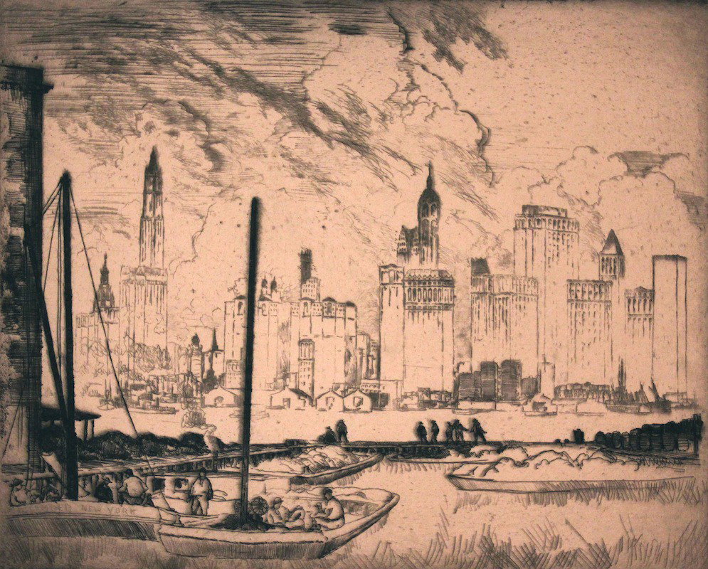 B. J. O. Nordfeldt (1878 - 1955): "North River", 11 1/2 x 14 inches (sheet size), 10 1/2 x 13 inches (plate size), dry point, signed lower middle