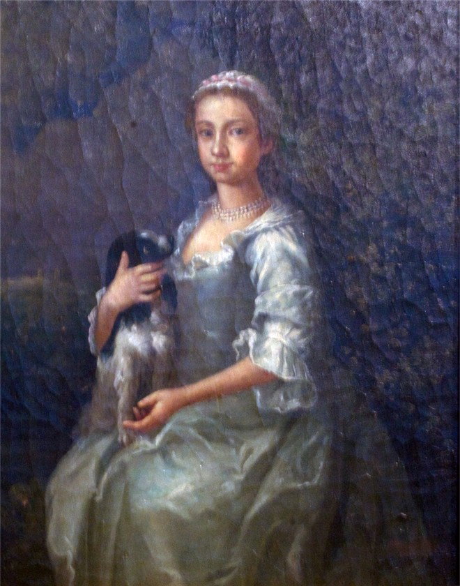 Continental school: "Young woman with dog", 10 x 8 inches, oil on panel