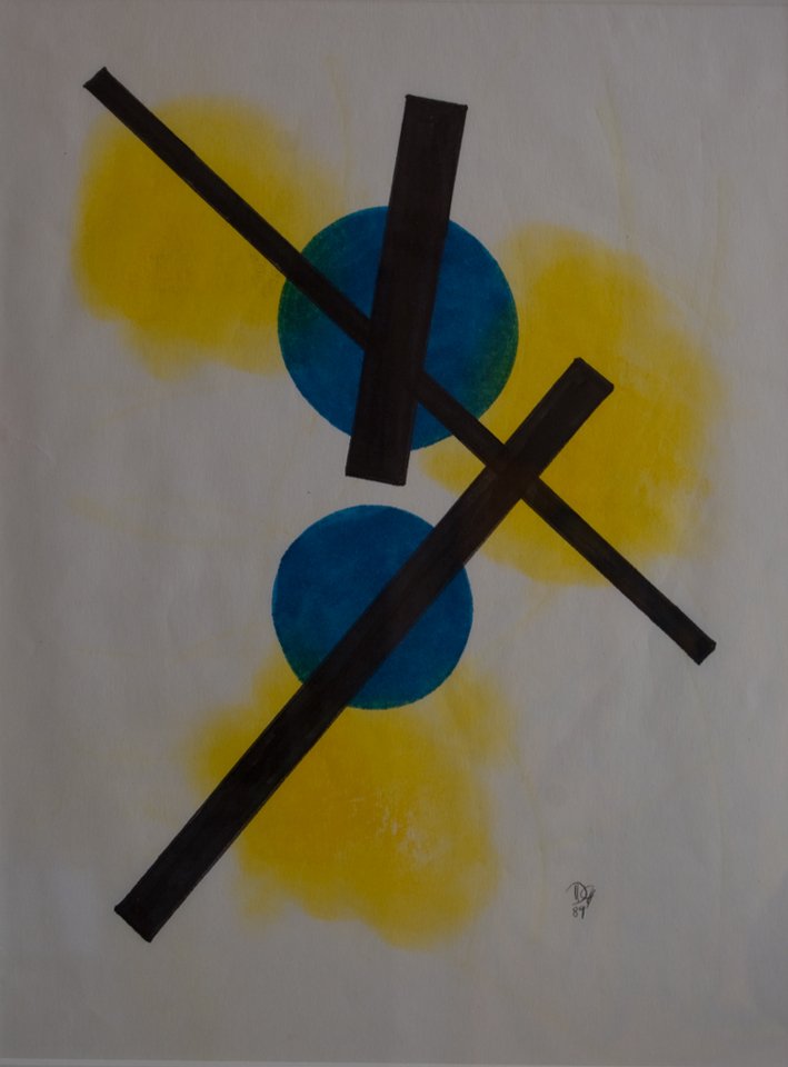 Dwinell Grant (American 1912-1911): Yellow Blue Abstraction, mixed media on paper, 14 x 10 3/4 inches, signed lower right