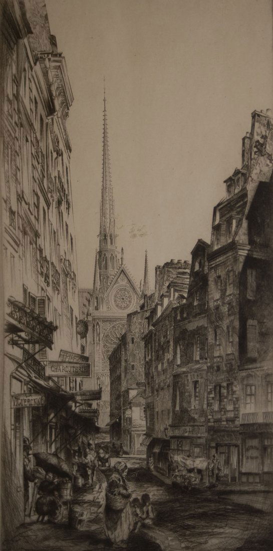 John Taylor Arms (American 1887 - 1953): "La Rue Sauton, Paris", 1924, etching, 13 1/2 x 7 1/2 inches, signed lower right, #1 From the French church series, View of the South Transept of Notre Dame. Fletcher 144 from the Edition of 150.