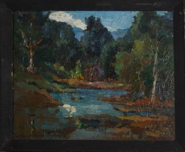 George Gardner Symons (American 1863 - 1930): Summer in the Berkshire, oil on board, 8 x 9 3/4 inches, signed lower left, initialed lower right, signed on verso