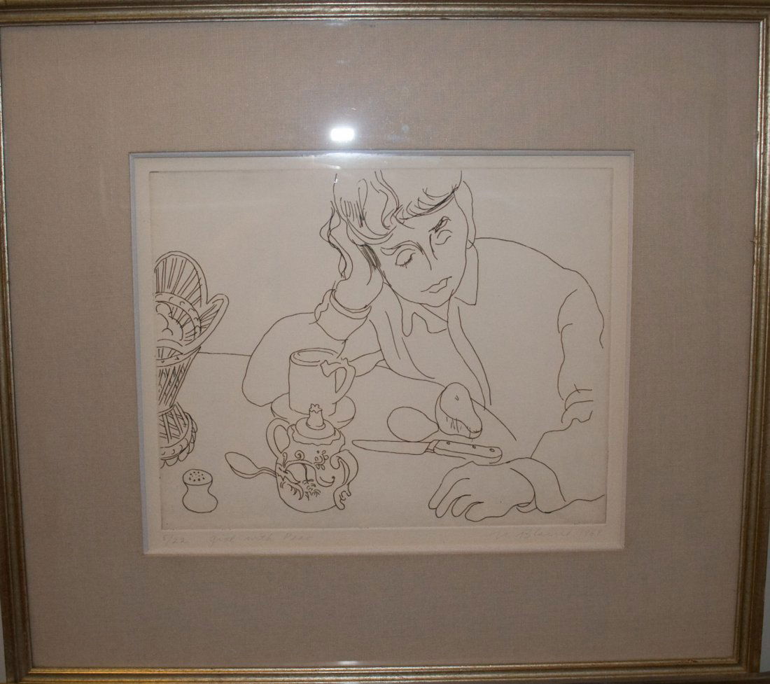 Nell Blaine (American 1922 - 1996): Girl with Pear, etching, 11 x 13 1/2 inches (plate size), signed and dated lower left 1968, numbered and titled lower left 5/22 "Girl with Pear"