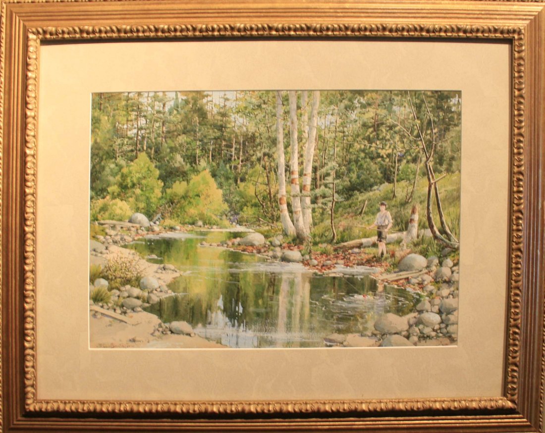 William Louis Sonntag Jr. American 1869-1898: "Fishing", watercolor on paper, 13 1/4 x 19 3/4, signed lower left