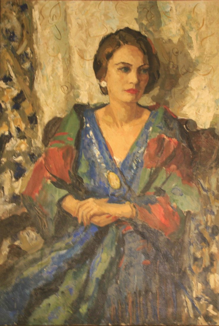 Gerald Vivian Davis (American 1889-1987): "The artist wife", Oil on board, 41 1/2 x 28 1/2 inches, signed lower right and verso