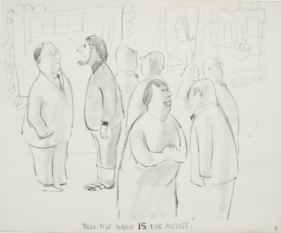 Bob Guccione (American 1930 - 2010): "Who is the Artist", Pencil on paper, 13 1/2 x 11 inches, Estate stamp on verso