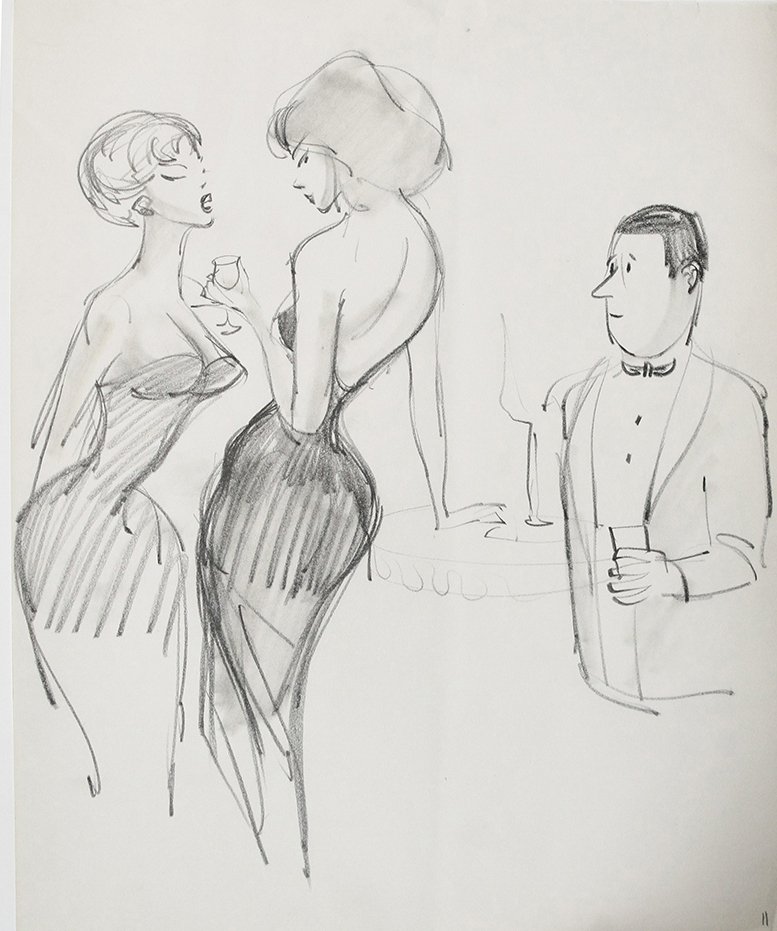Bob Guccione (American 1930 - 2010): "Cocktail Party", Pencil on paper, 11 x 14 inches, Estate stamp on verso