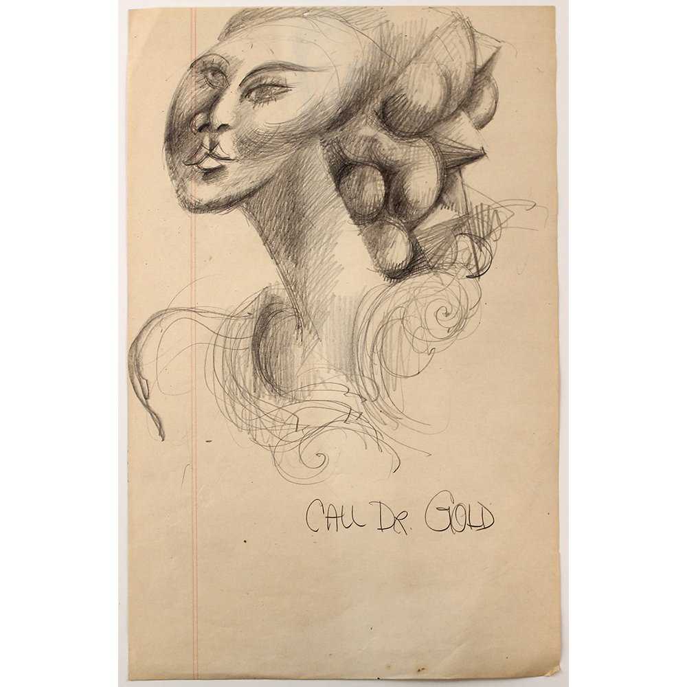 Bob Guccione (American 1930-2010): "Call Dr Gold", pencil on paper, 8 x 12 1/4 inches. Estate stamp on verso. Artist Biography:
