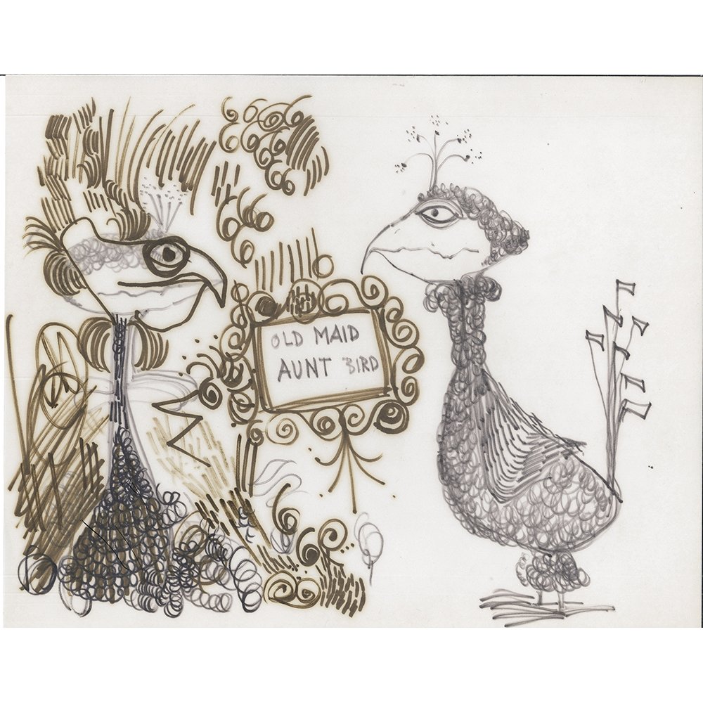 Bob Guccione (American 1931-2010): "Old Maid & Aunt Bird", marker on paper doubled sided, 14 x 11 inches. Estate stamp verso. Artist Biogr