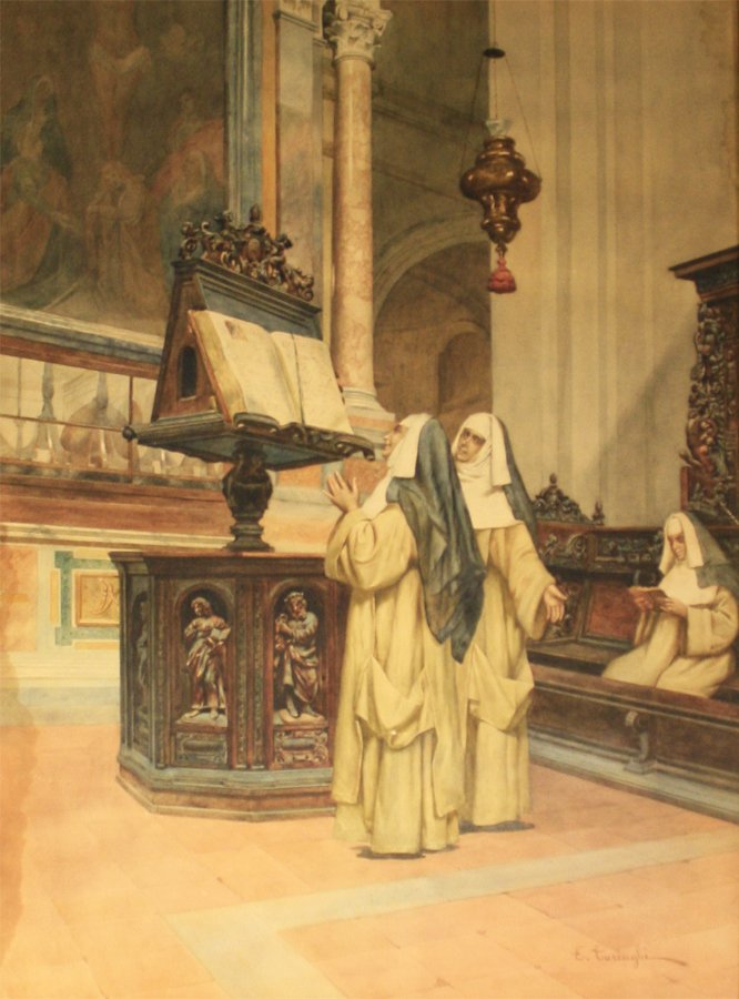 Enrico Tarenghi (Italian 1848-1938): The Nuns, watercolor on paper, 29 1/2 x 21 3/4 inches, signed lower right