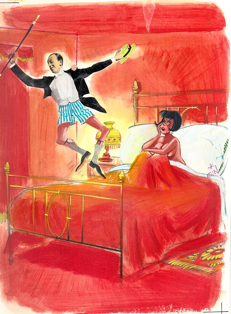 Jordi "Gin" Gines (Spanish 1930-1996): "Art Lover", Acrylic on board, 8 3/4 x 11 1/2 inches, Signed middle right. Estate stamp verso. Provenance: The Estate of Bob Guccione, NJ, 2012. Publication: "Penthouse" 1980's.