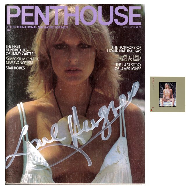 Jane Hargrave 35mm By Bob Guccione & Apr 1978 Mag: Original 35mm slide features Jane Hargrave taken by Bob Guccione in 1977. Lot comes with April 1978 Penthouse Magazine, which was signed Jane Hargrave on the cover. Included slide is from the photosho
